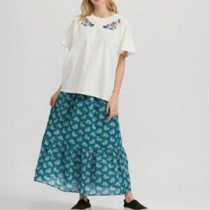 Anna Sui and Uniqlo -  Green and cream long skirt floral patterns